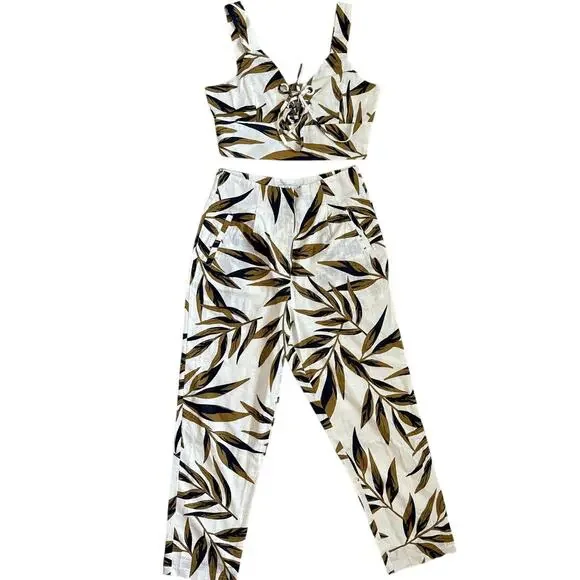 J.O.A Tropical Palm Print Cotton Crop Top & High-Waisted Ankle Pant Set Size XS‎ - Picture 4 of 10